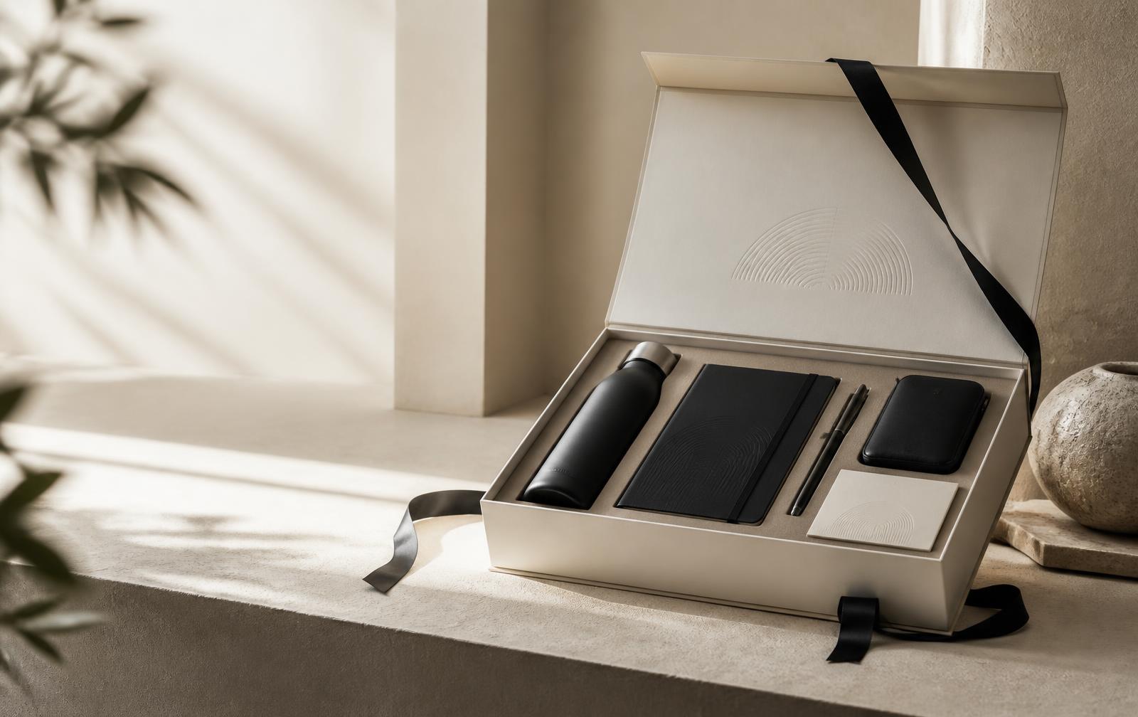 Premium custom corporate gift box with bottle, notebook and tech accessories